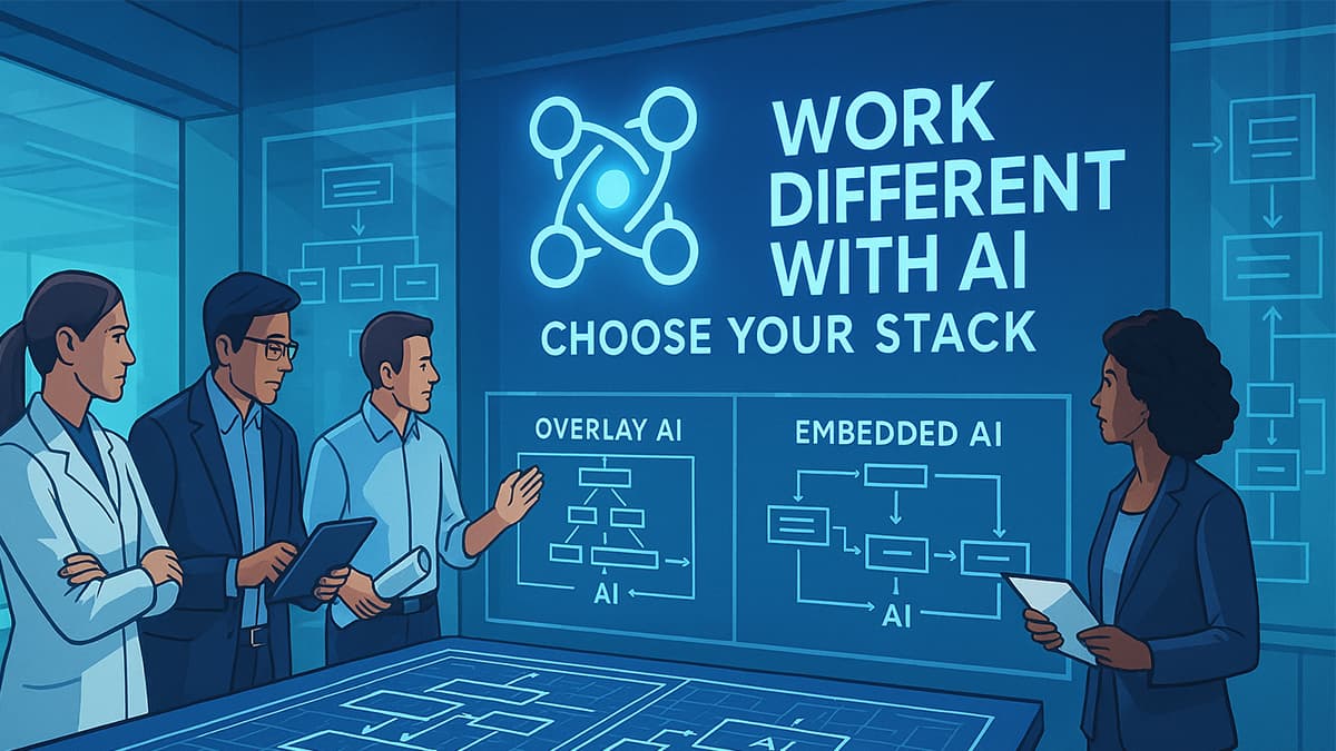 Enterprise AI professionals debate overlay vs. embedded AI architecture in a modern strategy lab, with 'Work Different With AI – Choose Your Stack' displayed on a digital screen, highlighting a community-led initiative by Keenan Vision